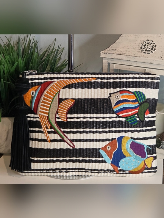 Sam Edelman Handbags - Sam Edelman Multicolor Fish Embroidered Stripe Clutch